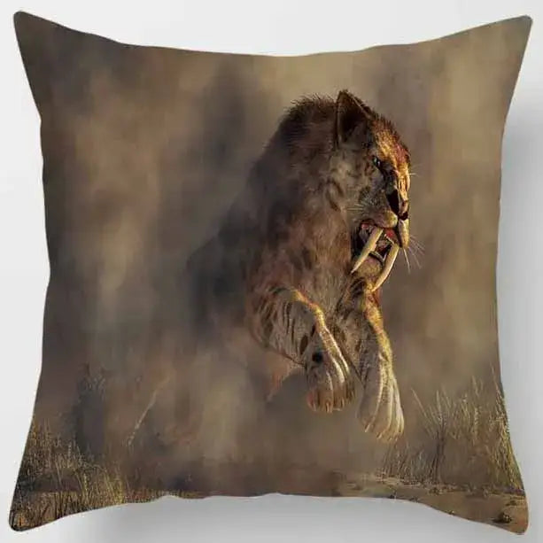 Square decorbites animals world pillow case featuring a realistic saber-toothed cat in mid-leap on an earth-toned background