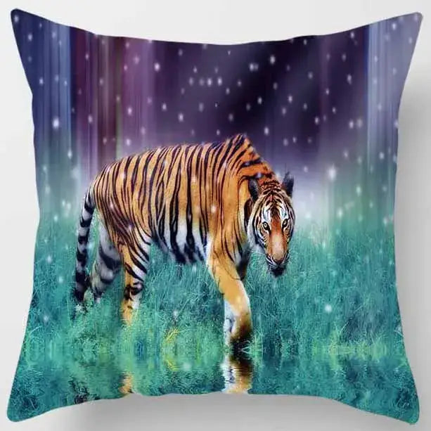 Vibrant orange and black striped animals world tiger pillow case by decorbites with glossy print on green field under purple sky