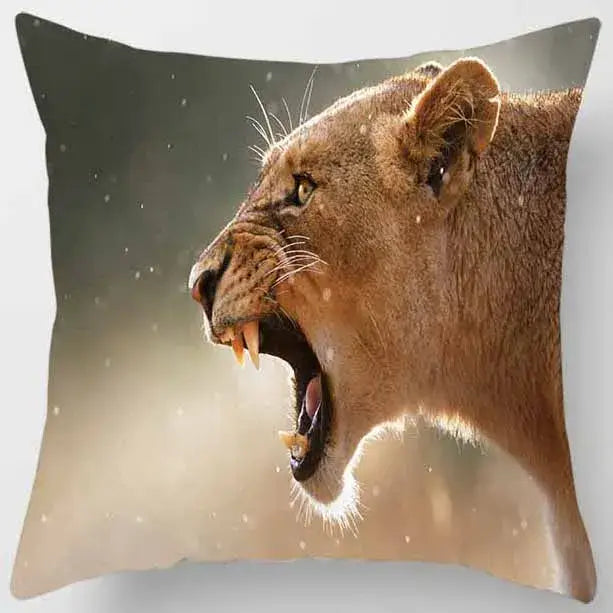 Square pillow case from decorbites animals world featuring a vivid roaring lioness print with golden-brown fur