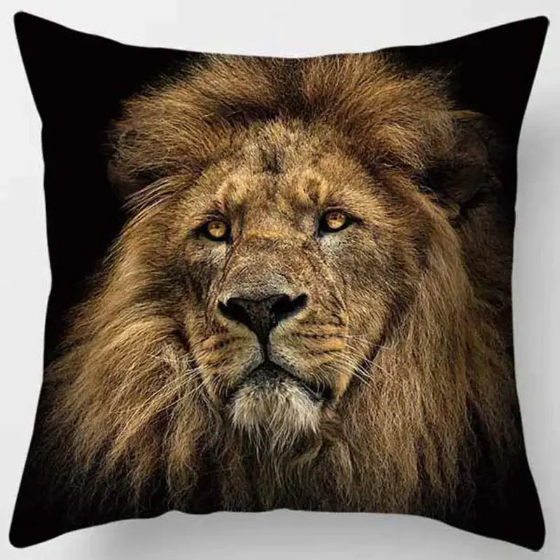 A square black pillow case from decorbites animals world featuring a detailed male lion print for living room use