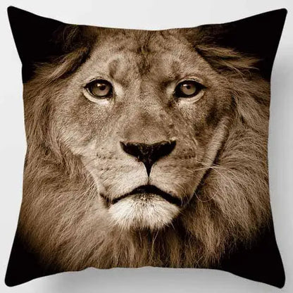 Square pillow case from decorbites animals world featuring a sepia close-up lion face for living room decor