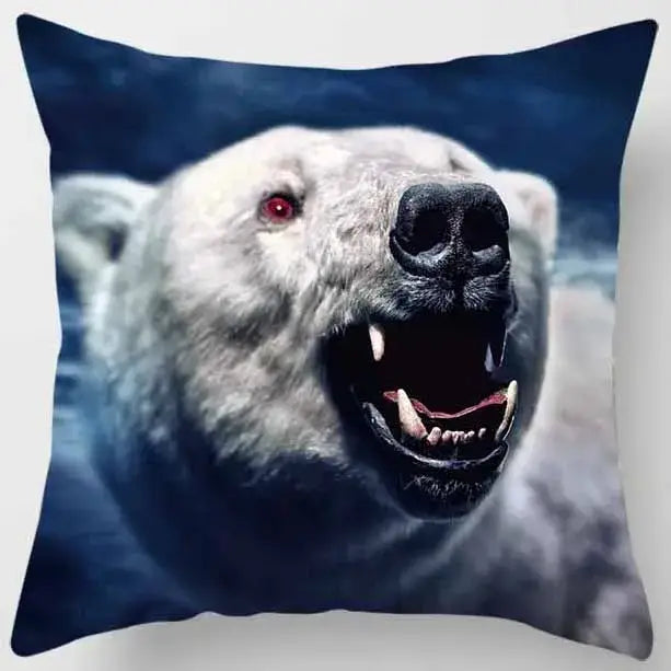 A decorbites animals world pillow case featuring a vivid roaring polar bear on a deep blue background for living room
