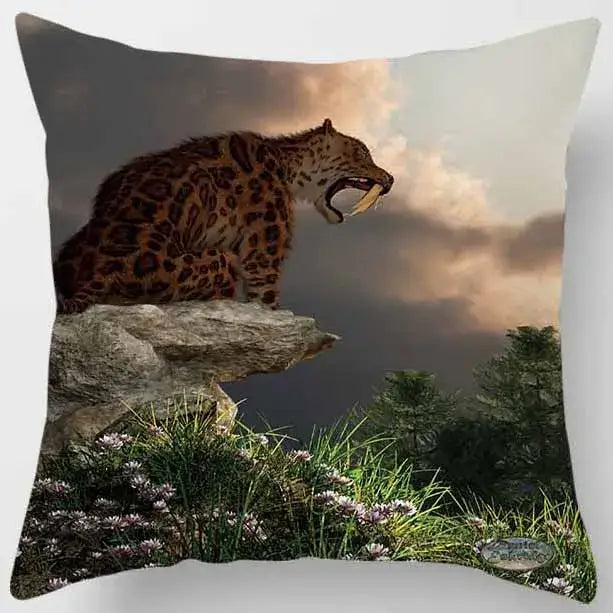 Square pillow case from decorbites animals world featuring a detailed saber-toothed cat on rocky terrain under sky