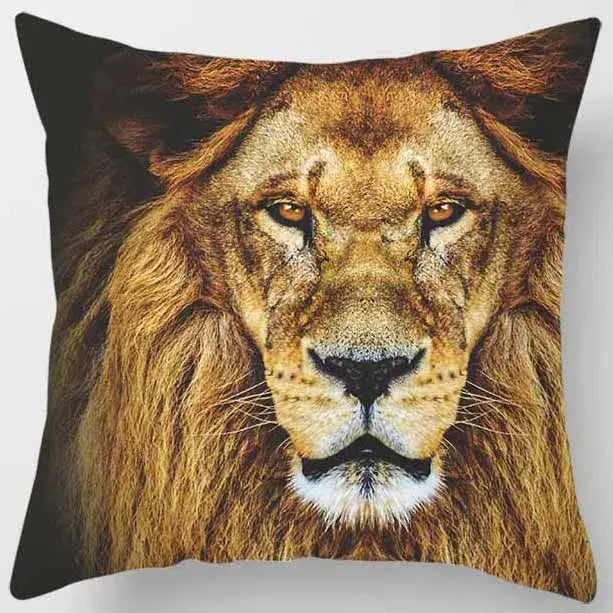 A square pillow case from decorbites animals world featuring a realistic lion face with golden-brown fur and amber eyes