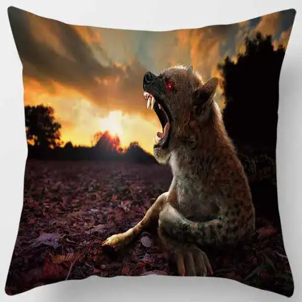 Square pillow case from decorbites animals world featuring a vivid snarling werewolf print against sunset backdrop