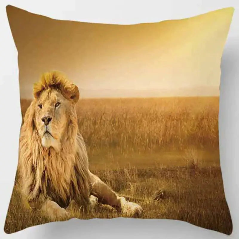Golden lion print pillow case from decorbites animals world featuring a majestic male lion in warm earthy tones