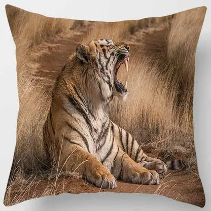 Square pillow case from decorbites animals world featuring a vivid animals world tiger roaring in golden grass design