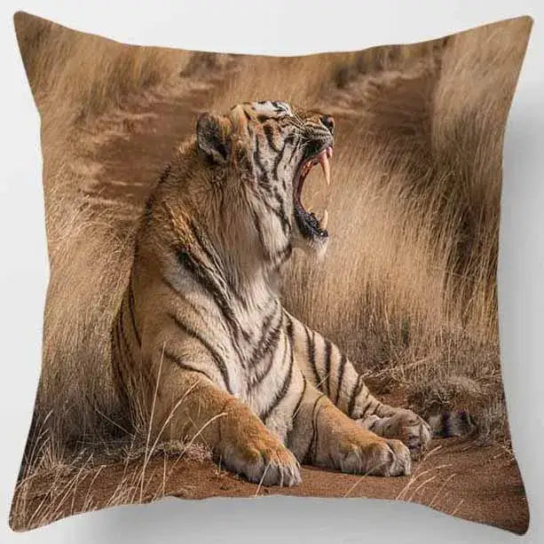 Square pillow case from decorbites animals world featuring a vivid animals world tiger roaring in golden grass design