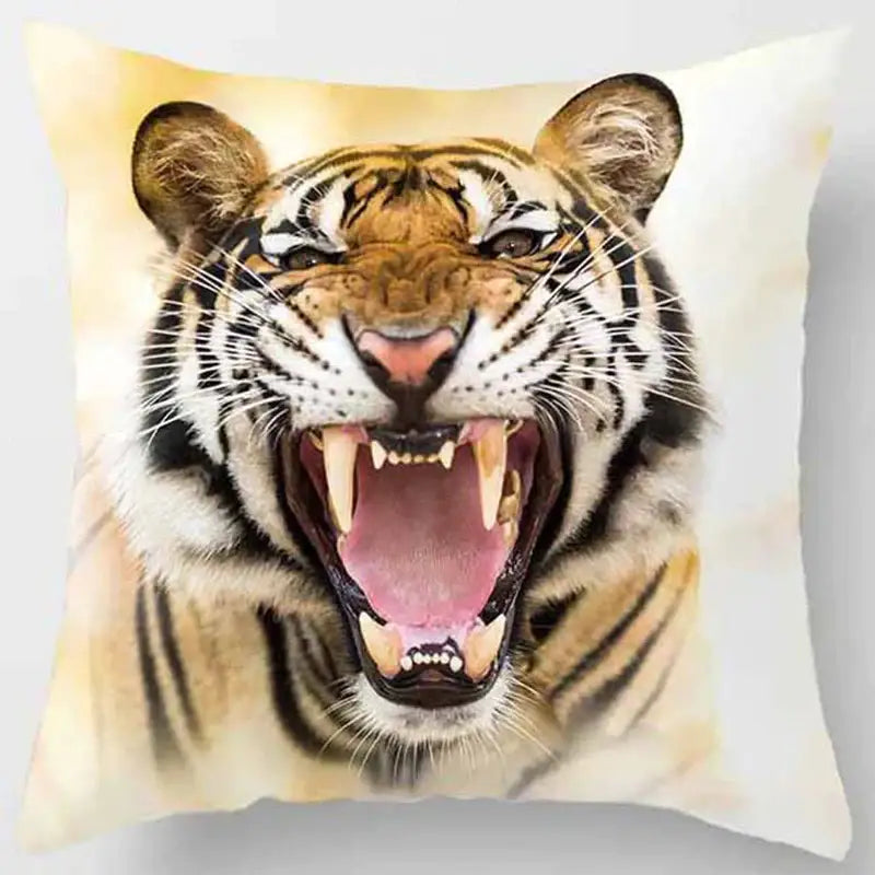 Square throw pillow case from decorbites animals world featuring a vivid close-up roaring tiger print with bold orange stripes