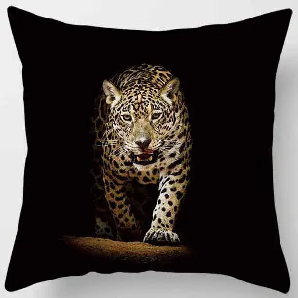 Black throw pillow case from decorbites animals world featuring a vivid leopard print with golden-yellow rosettes and dark spots