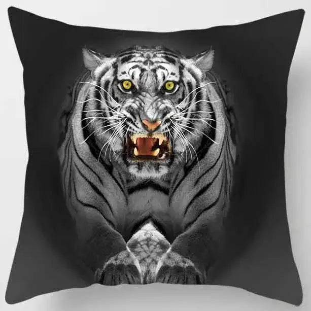 Black pillow case from decorbites animals world featuring a white tiger with glowing yellow eyes for living room decor