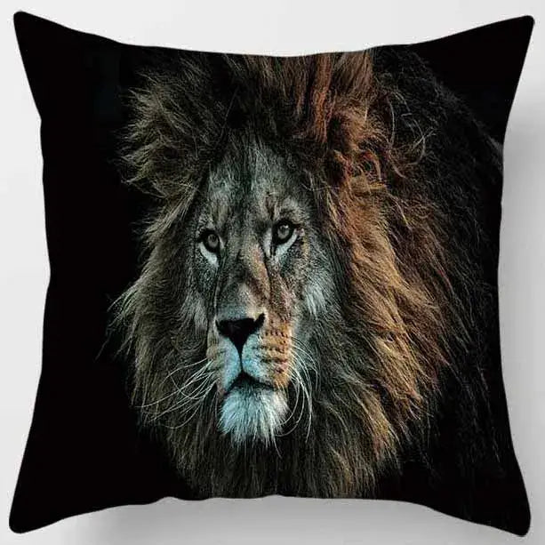 Black pillow case with photorealistic male lion face print in brown and gold for decorbites animals world tiger set