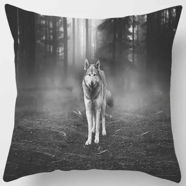 Black and white pillow case featuring a grayscale wolf in misty forest from decorbites animals world tiger lion set