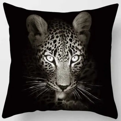 Black pillow case with high-contrast black and white leopard face print from decorbites animals world tiger living room set
