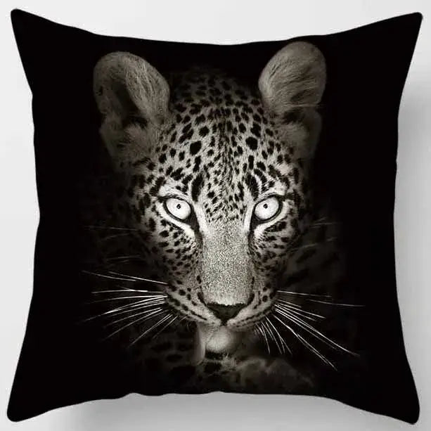 Black pillow case with high-contrast black and white leopard face print from decorbites animals world tiger living room set