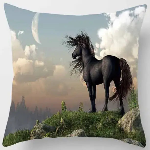 Black horse-themed pillow case from decorbites animals world featuring a detailed black stallion under crescent moon