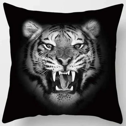 Black throw pillow case with decorbites animals world tiger lion design featuring a roaring tiger face print