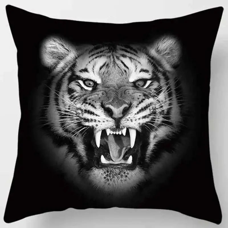Black throw pillow case with decorbites animals world tiger lion design featuring a roaring tiger face print