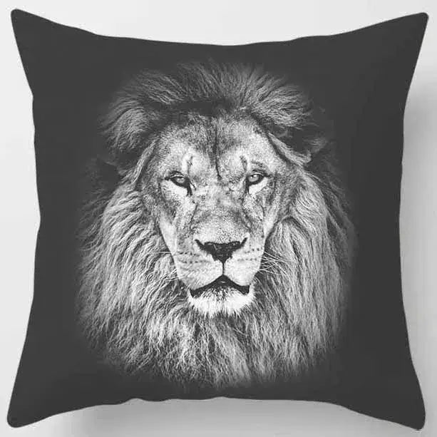 Black throw pillow case featuring a detailed black and white lion face print from decorbites animals world tiger collection