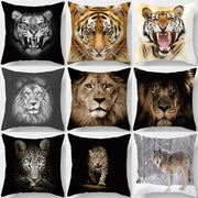 Set of nine decorbites animals world pillow case featuring high-detail animals world tiger lion and wolf portraits in color and black and white