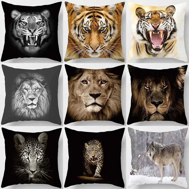 Set of nine decorbites animals world pillow case featuring high-detail animals world tiger lion and wolf portraits in color and black and white