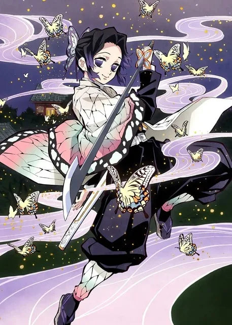 Decorbites anime demon slayer canvas wall art featuring character with black and white butterfly wing kimono and pink accents