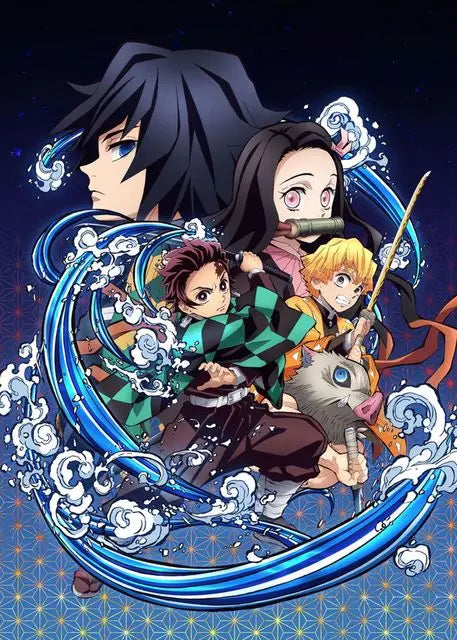 Anime demon slayer canvas wall art featuring cast in signature outfits with dynamic blue water swirls by DecorBites™