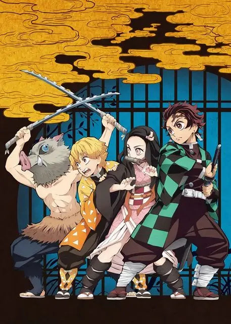 Anime demon slayer poster featuring four characters in colorful outfits holding swords canvas wall art by decorbites