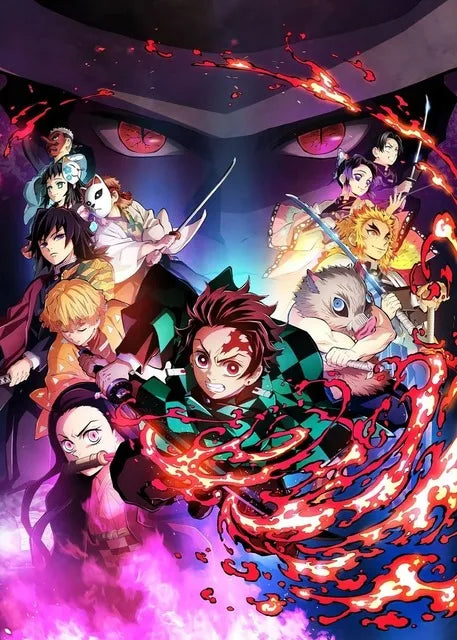 Vibrant anime demon slayer canvas wall art featuring characters in dynamic combat against a dark fiery backdrop