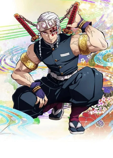 A muscular anime demon slayer character wielding red swords in dark blue uniform on decorbites anime canvas wall art