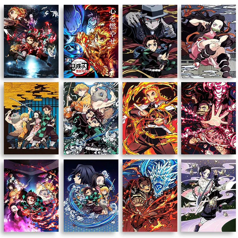 Collection of twelve vibrant anime demon slayer posters with dynamic character art featuring fiery and water-themed designs on canvas