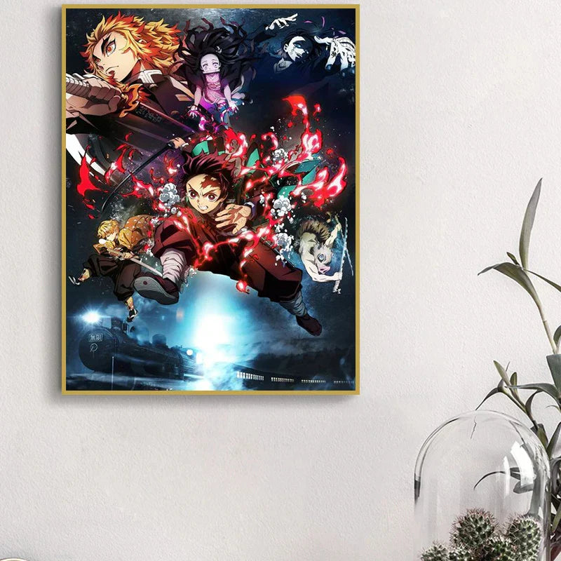 A framed anime demon slayer poster featuring vibrant red and black characters on a dark glowing canvas wall art