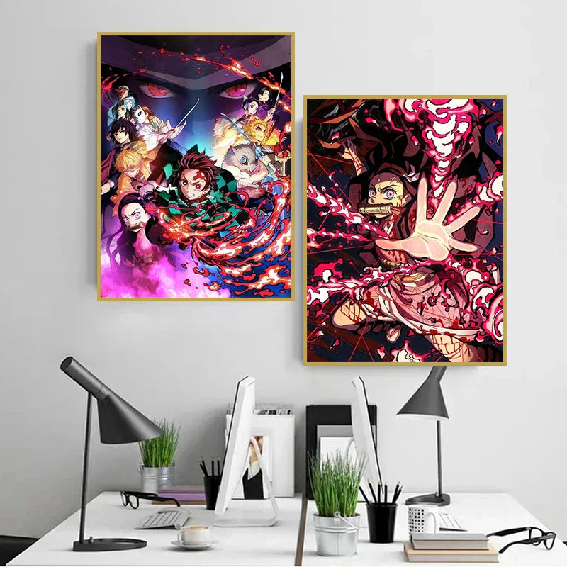 Two framed anime demon slayer posters featuring vibrant detailed artwork on canvas wall art by decorbites
