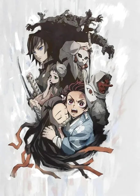 A dynamic anime demon slayer poster by decorbites featuring detailed ink and watercolor characters with bold black outlines