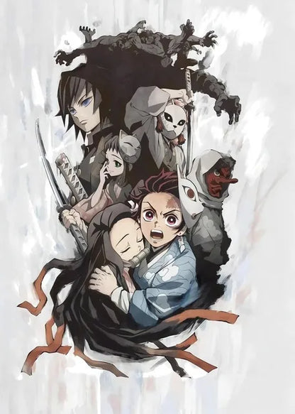 A dynamic anime demon slayer poster by decorbites featuring detailed ink and watercolor characters with bold black outlines