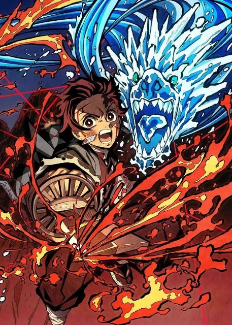 A dynamic anime demon slayer poster featuring a boy with brown hair fighting a blue ice dragon with red flames