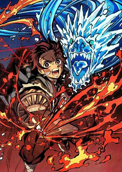 A dynamic anime demon slayer poster featuring a boy with brown hair fighting a blue ice dragon with red flames