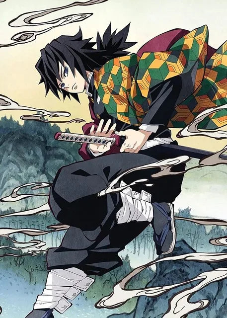 Decorbites™ anime demon slayer canvas wall art featuring a black-haired character in a geometric haori with a red sword