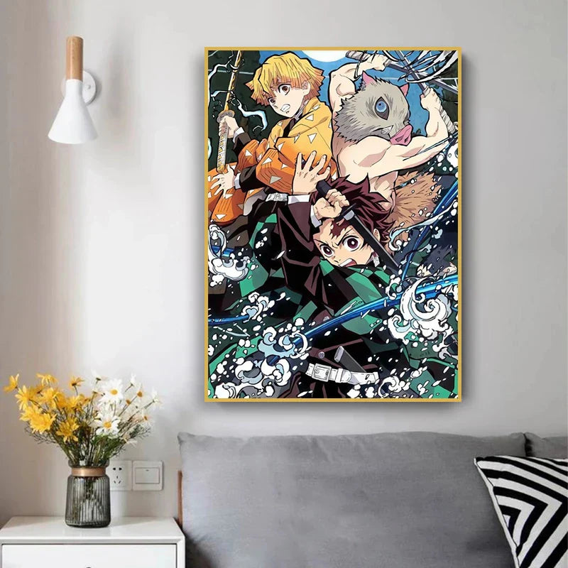 A framed DecorBites™ anime demon slayer poster with three vibrant characters in a gold-colored frame wall art canvas