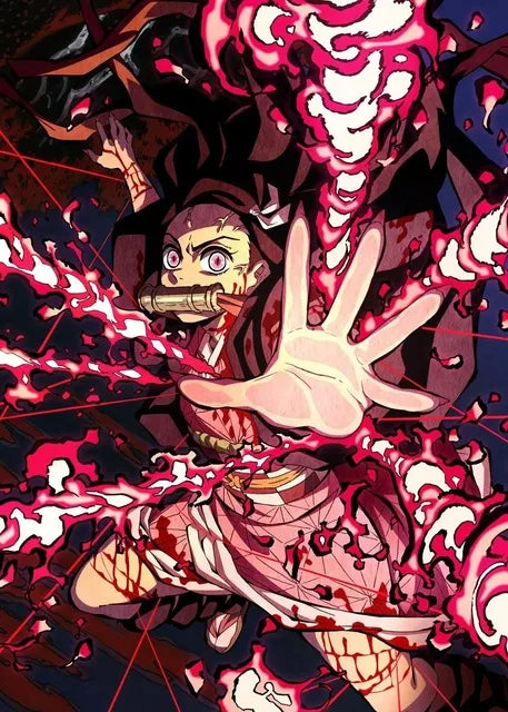 Stylized anime demon slayer character with pale skin and bamboo pipe in mouth on dark canvas wall art by decorbites