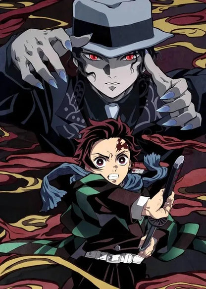 Decorbites™ anime demon slayer canvas wall art features a menacing gray-hatted figure with red eyes behind a character in green checkered haori