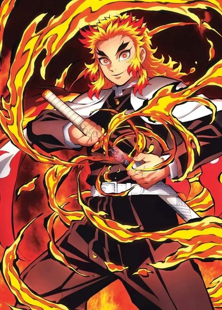 DecorBites anime demon slayer canvas wall art featuring a fiery orange and yellow flame sword with white handle and black and white attire