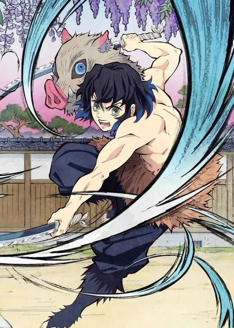 DecorBites™ anime demon slayer canvas wall art featuring a dynamic character in dark blue with teal energy swords