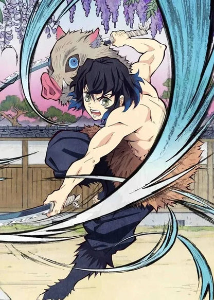 DecorBites™ anime demon slayer canvas wall art featuring a dynamic character in dark blue with teal energy swords