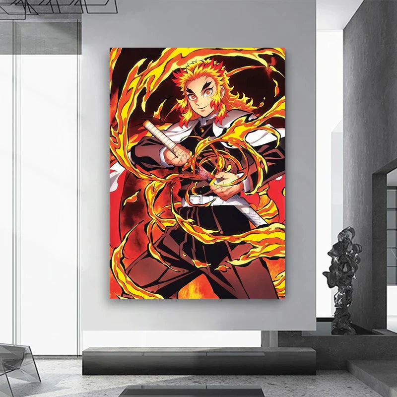 Vibrant orange and yellow flame-themed canvas wall art featuring an anime demon slayer character in a dynamic pose