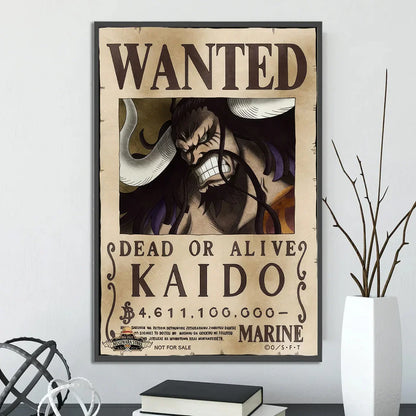 Framed wanted notice of kaido on aged parchment paper featured in decorbites™ anime one piece poster set wall art