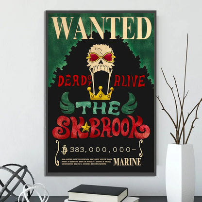 A framed decorbites™ anime one piece poster featuring a skull with red sunglasses and gold crown wall art piece poster set