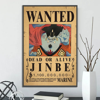 Vintage-style jinbe wanted poster on beige textured paper from decorbites™ anime one piece poster set wall art