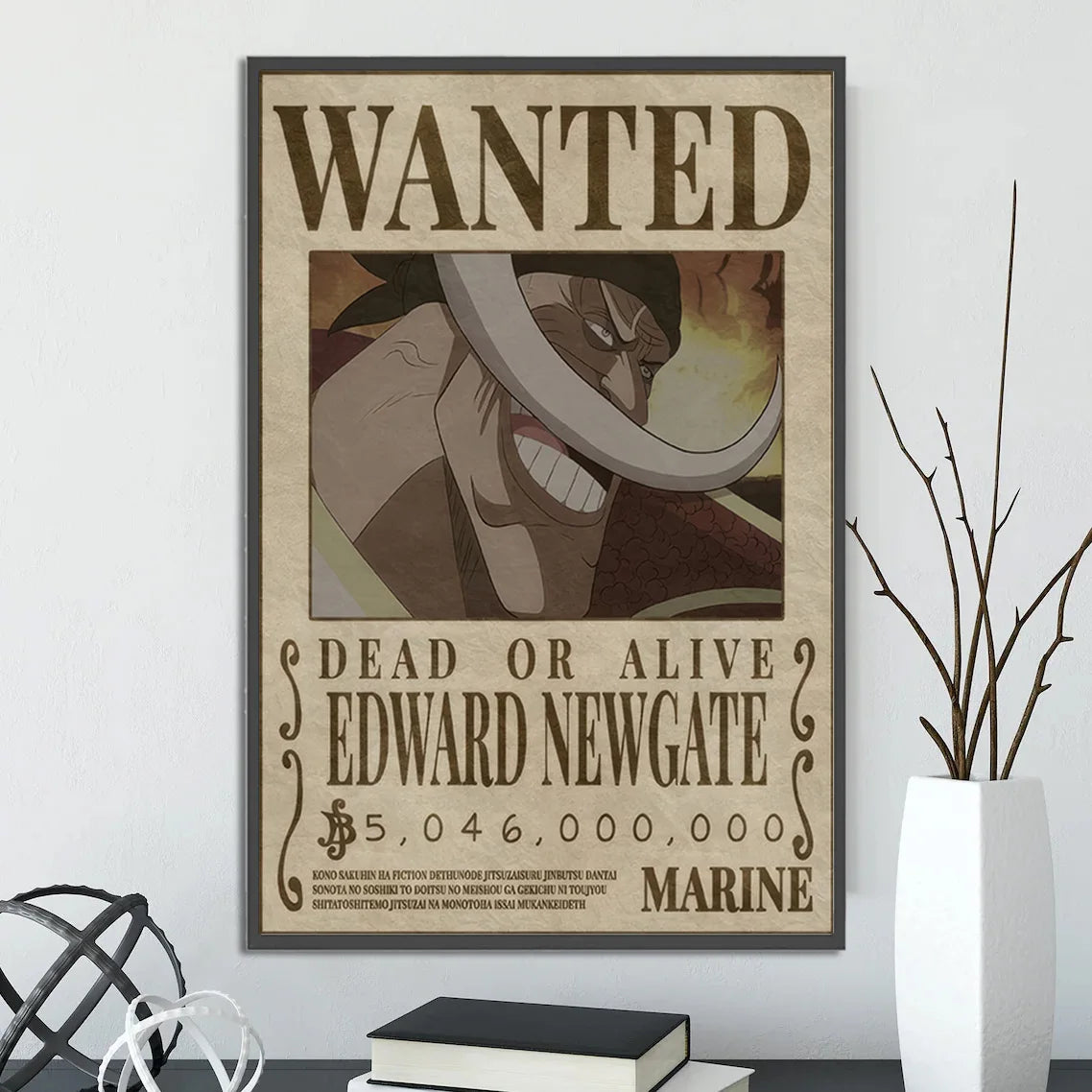 Vintage-style edward newgate wanted piece poster set on beige textured paper with dark brown lettering in black frame wall art