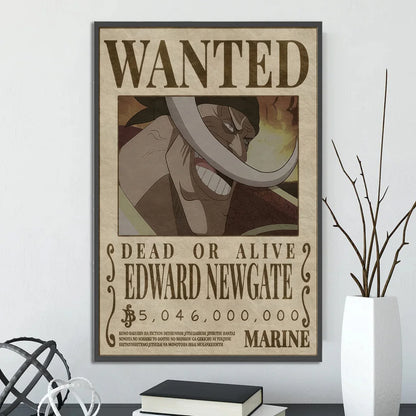 Vintage-style edward newgate wanted piece poster set on beige textured paper with dark brown lettering in black frame wall art